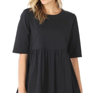 HALF SLEEVE EMPIRE WAIST SHIRRING TOP BLACK