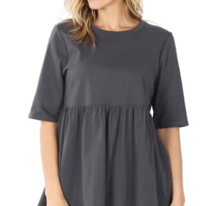HALF SLEEVE EMPIRE WAIST SHIRRING TOP ASH GREY